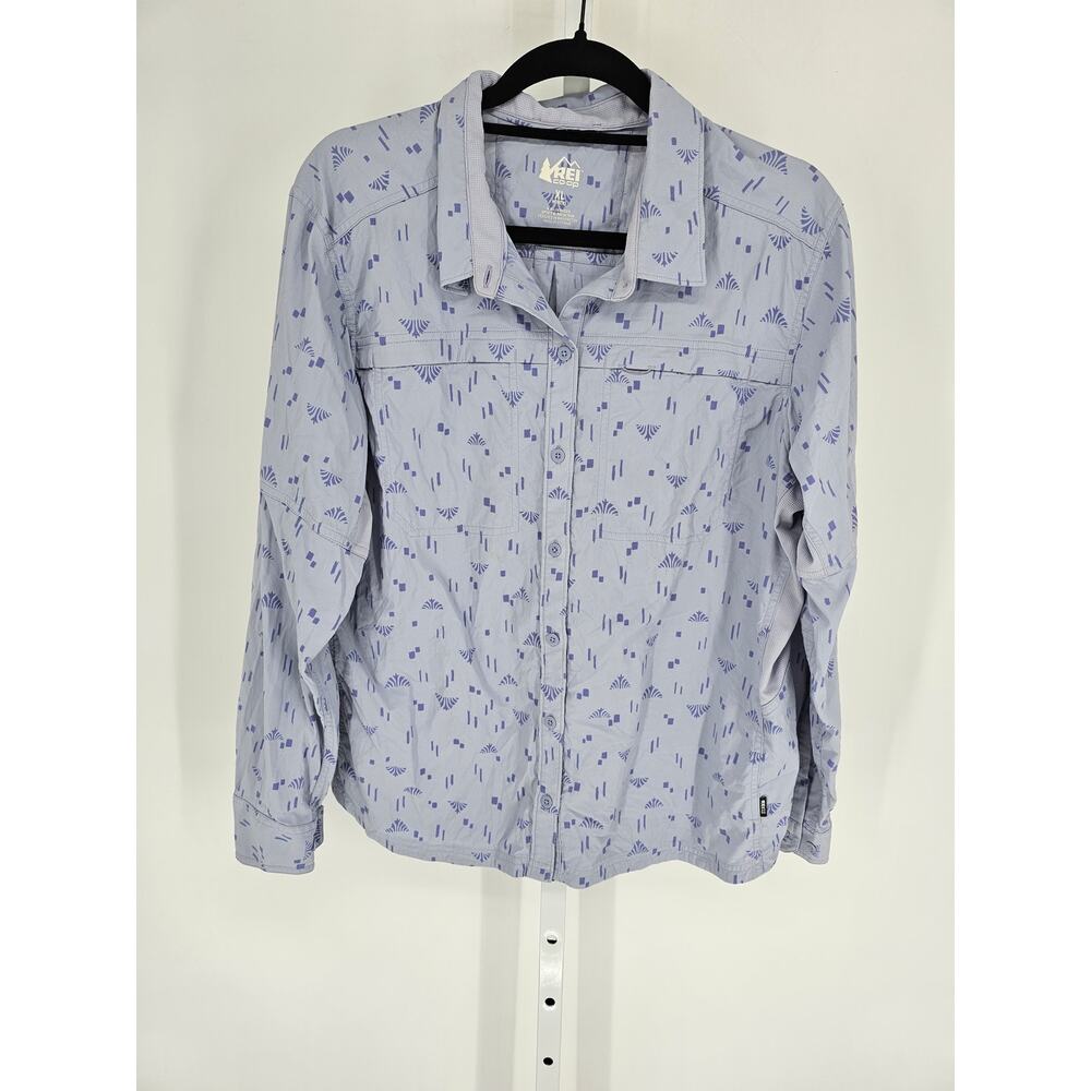 REI Co-Op Womens Sz XL Long Sleeve Vented Button Up Shirt Light Purple Print